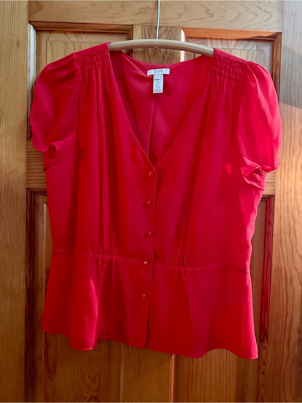 J. Crew Red Button-Front V-Neck Short-Sleeve Blouse